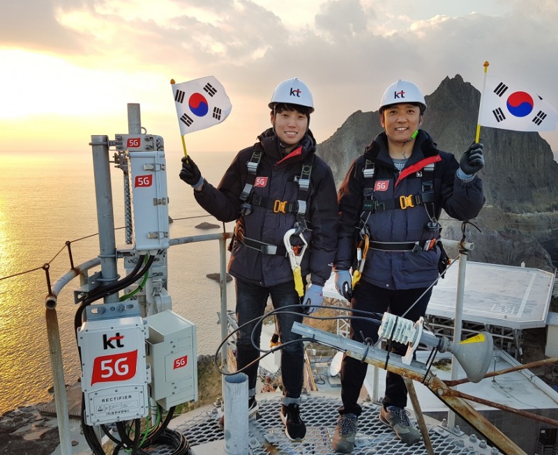 △KT직원들이 ‘제 100주년 3.1절 중앙기념식’ 5G 실시간 생중계 시연을 위해 독도에 구축된 5G 네트워크를 점검하고 있다/사진=KT