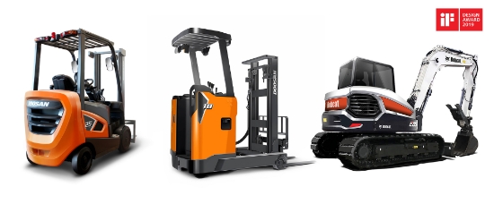 ‘2019 iF 디자인상’에서 본상을 수상한 두산의 지게차∙굴삭기 3종. (왼쪽부터 ㈜두산 지게차 GC25S-9와 BR18S-9, 두산밥캣 미니 굴삭기 E85) (사진=두산)