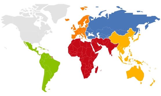 르노그룹 지역본부 현황(개편전). ①노란색, 아시아-태평양 지역 본부 ②붉은색, 아프리카-중동-인도 지역 본부 ③하늘색, 유라시아 지역 본부 ④⑤주황색, 유럽 지역 본부 + 프랑스 지역 본부 ⑥녹색, 아메리카 지역 본부.
