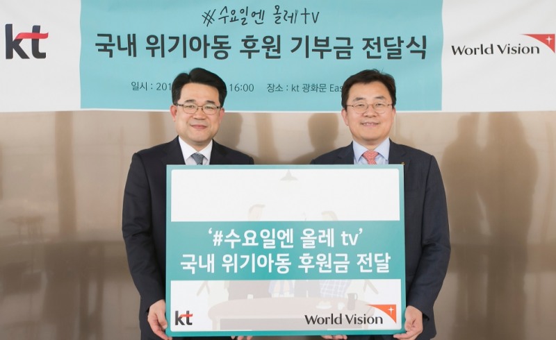 △기부금 전달식에 참석한 KT 송재호 미디어플랫폼사업본부장(오른쪽)과 월드비전 박인수 경영지원본부장(왼쪽)이 기념사진 촬영을 하고 있다/사진=KT