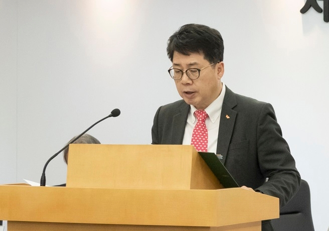 박상규 SK네트웍스 사장이 22일 명동 본사에서 열린 제 66기 정기주주총회를 진행하고 있다. (사진=SK네트웍스)