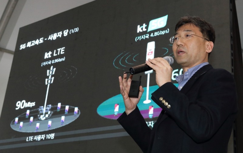△26일 KT 5G 기술 기자설명회에서 KT 네트워크전략본부장 서창석 전무가 KT 5G 네트워크 기술과 관련해 설명하는 모습/사진=KT