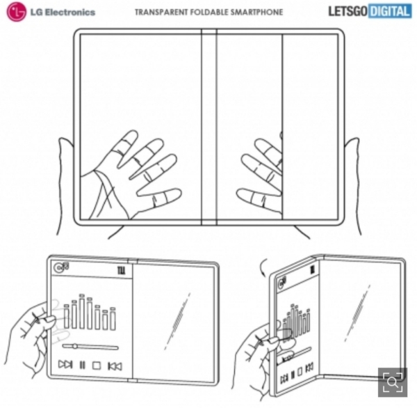 ○LG전자가 미국 특허청으로부터 특허를 취득한 투명 폴더블폰의 사용 예상도/사진=오승혁 기자(레츠고디지털 자료 편집)