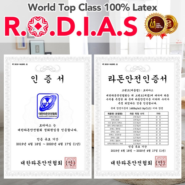 천연라텍스 로디아스, 매트리스 및 베개 침대 커버 '라돈안전인증' 획득