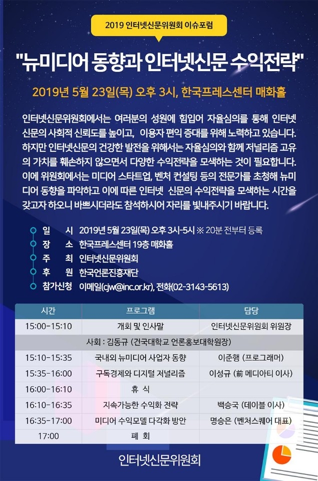 인터넷신문위원회 23일 이슈 포럼…‘뉴미디어동향과 인터넷신문의 수익전략’