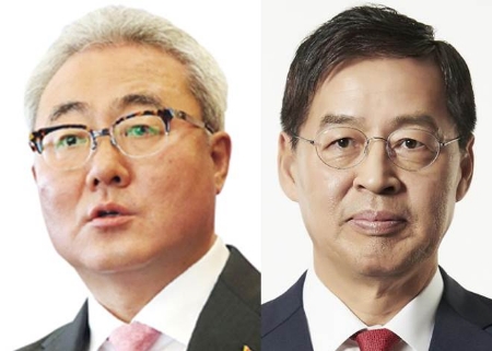 김준 SK이노베이션 사장(왼쪽)과 신학철 LG화학 부회장.