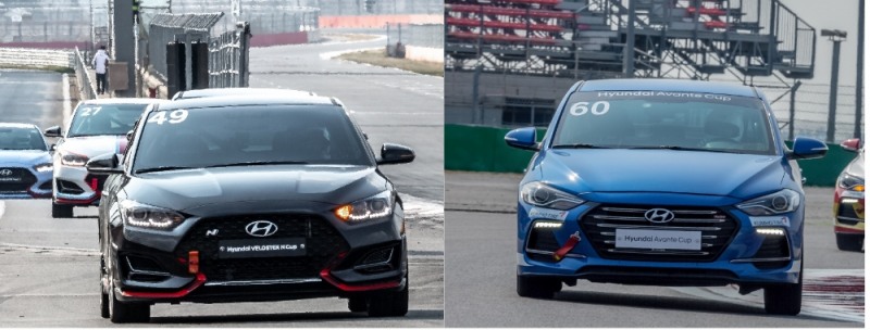 지난 3월 개최된 '현대 N 페스티벌 예선라운드'에서 벨로스터N(왼쪽)과 아반떼가 트랙 위를 달리고 있다. (사진=현대차)