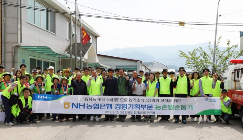 이창호 수석부행장(앞줄 왼쪽부터 일곱 번째)과 경영기획부문 직원들이 강원도 인제군 귀둔리마을에서 농촌일손돕기를 실시하고 기념사진을 촬영하고 있다./사진=농협은행