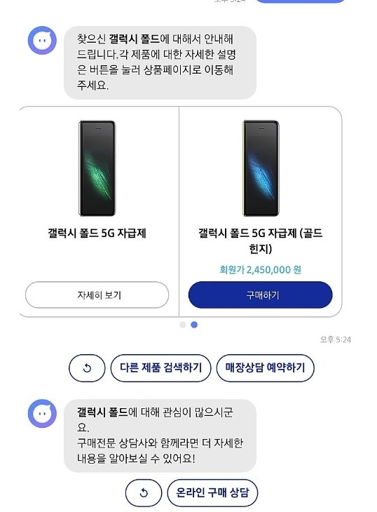 △온라인 커뮤니티의 유저가 삼성챗봇에게 갤럭시 폴드 제품의 가격을 물어본 뒤의 결과. 현재는 검색되지 않는다/사진=오승혁 기자(웹페이지 캡처 후 편집)
