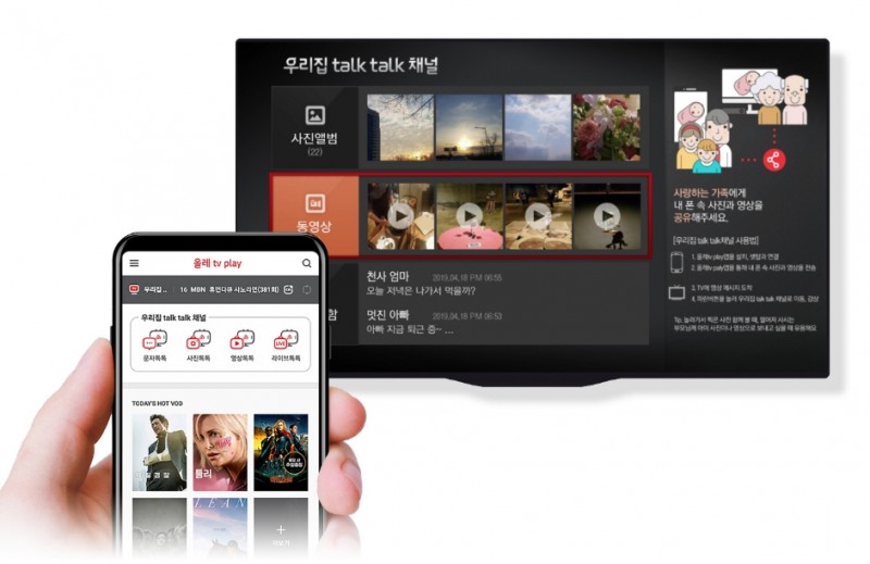△모바일에서 집에 있는 올레 tv로 문자, 사진, 영상, 라이브 영상 등을 실시간 전송할 수 있는 우리집 톡톡 채널 서비스 이용 화면/사진=KT