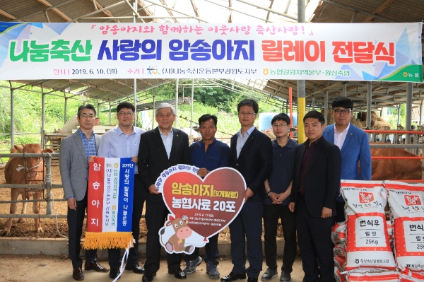 ▲ 농협 강원본부(본부장 함용문)와 나눔축산운동본부 강원도지부(지부장 김진만 동해삼척태백축협 조합장),횡성축협(조합장 엄경익)은 10일 횡성에서 나눔축산 사랑의 암송아지 릴레이 전달식을 가졌다./사진제공=농협 강원본부