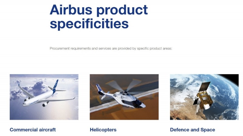 △에어버스 기업이 자사 홈페이지 내에서 제공하는 상품 영역 및 정보/사진=오승혁 기자