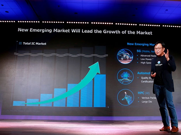 △5월 14일(현지시간) 미국 산타클라라에서 열린 '삼성 파운드리 포럼 2019'에서 정은승 삼성전자 파운드리 사업부 사장이 기조 연설을 하고 있다/사진=오승혁 기자(자료 편집)