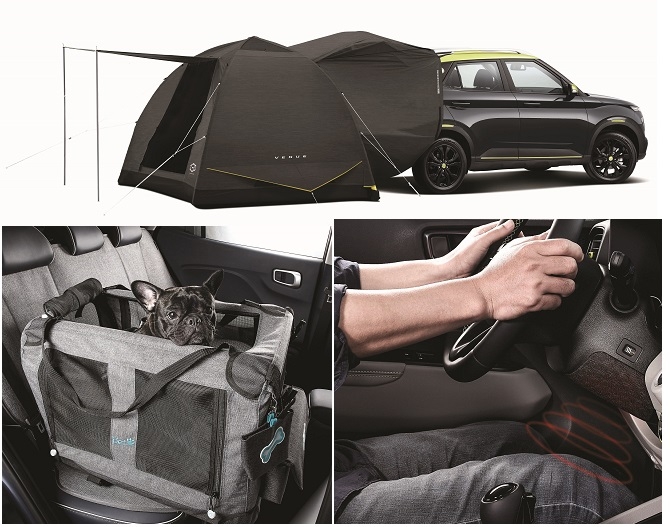 소형SUV 베뉴 튜익스 (시계방향) 공기주입식 에어 카텐트, 적외선 무릎 워머, 반려동물 패키지 이미지. (사진=현대차)