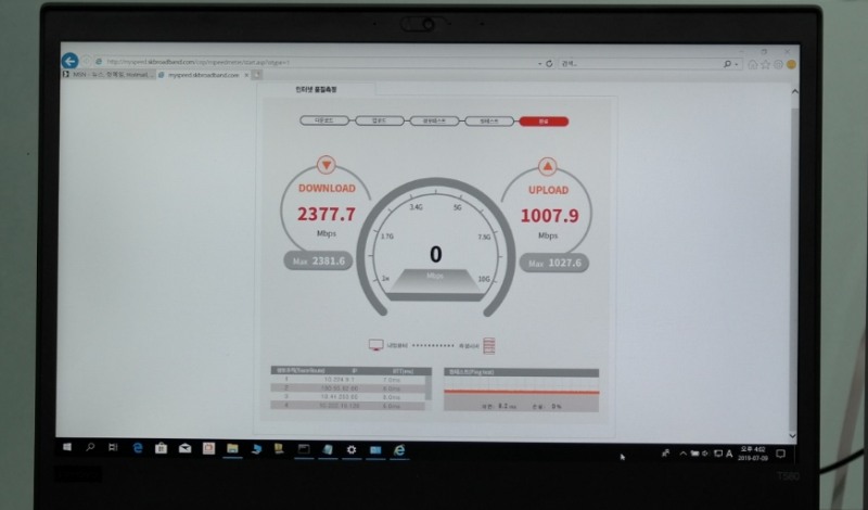△SK브로드밴드가 2.5Gbps 케이블모뎀을 통해 다운로드 속도를 측정한 결과, 다운로드 2375.5 Mbps와 업로드 1007.5Mbps가 측정되고 있다/사진=SK브로드밴드