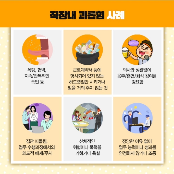 △고용노동부가 카드뉴스를 통해 정의한 직장 내 괴롭힘 사례의 일부/사진=오승혁 기자(자료 편집)