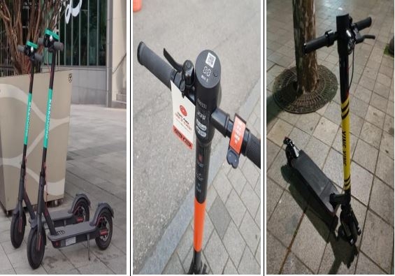 △전동킥보드 공유 서비스를 통해 대여되고 있는 전동킥보드들 / 자료=삼성화재