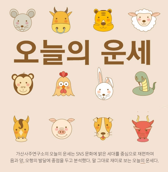 가산사주연구소의 오늘의 운세는 SNS 문화에 밝은 세대를 중심으로 재편하여 음과 양, 오행의 발달에 중점을 두고 분석했다. 말 그대로 재미로 보는 오늘의 운세다.