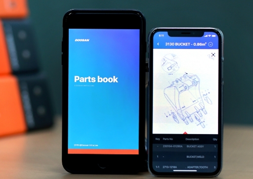 ▲ 두산인프라코어가 건설기계 부품 정보와 매뉴얼을 담은 ‘모바일 파츠북(Parts Book)’ 앱을 출시했다. /사진=두산인프라코어