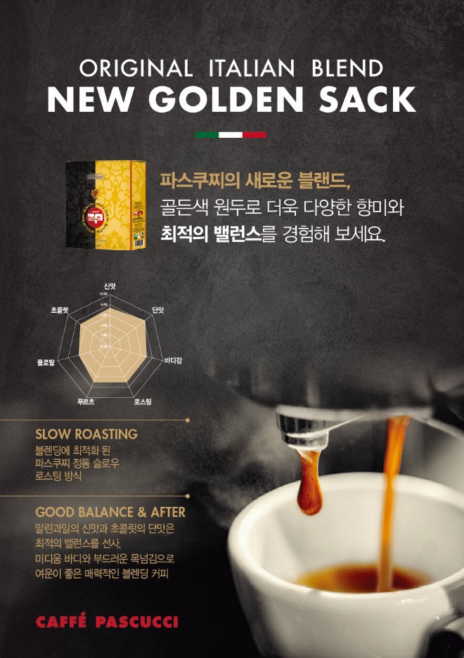 파스쿠찌는 국내 론칭 17주년을 맞아 오리지널 이탈리안 에스프레소 블랜드 ‘골든색(Golden Sack)’원두를 출시한다. /사진=SPC그룹.