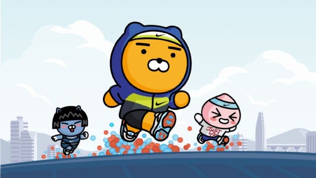 △(왼쪽부터) 카카오프렌즈의 인기 캐릭터 네오, 라이언, 어피치가 나이키 제품을 착용하고 운동하는 이미지/사진=오승혁 기자(자료 편집)