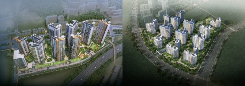 왼쪽부터 SK건설이 시공하는 인천 루원시티 주상5·6블록 주상복합 신축사업 조감도와 오른쪽 인천 영종 A8블록 공동주택 신축사업 조감도. (예상) /사진=SK건설