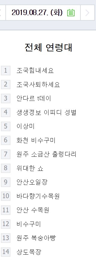 △27일 오후 8시 무렵 네이버 실시간 급상승 검색어 전체 연령대 순위, 1위와 2위에 조국 힘내세요와 조국 사퇴하세요가 보인다/사진=오승혁 기자