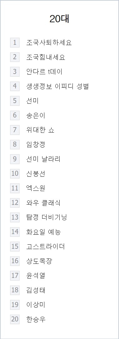 △27일 오후 8시 20분 경 네이버 실시간 급상승 검색어 중 20대 분석 기록, 1위와 2위에 조국 사퇴하세요, 조국 힘내세요가 보인다/사진=오승혁 기자