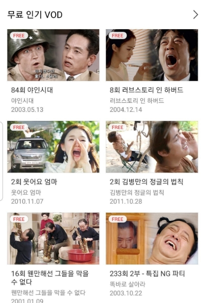 △SBS의 무료 인기 VOD 목록, 김영철 배우의 4달라 대사가 등장한 야인시대 편과 배우 김민경이 익룡 연기라는 오명을 얻으며 발연기로 유명해진 드라마 웃어요 엄마의 에피소드 등이 보인다/사진=오승혁 기자(자료 편집)