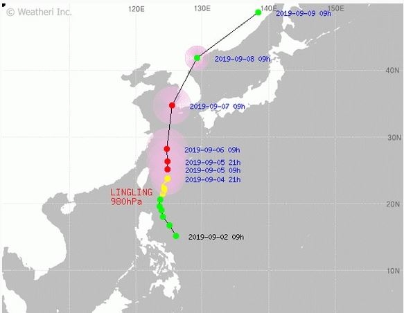 △제 13호 태풍 '링링' 예상 이동경로 / 자료=기상청