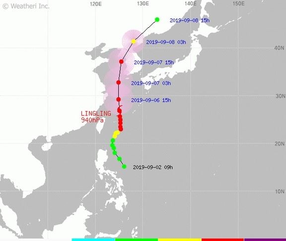 △6일 오전 기준 제 13호 태풍 '링링' 예상경로 / 자료=기상청