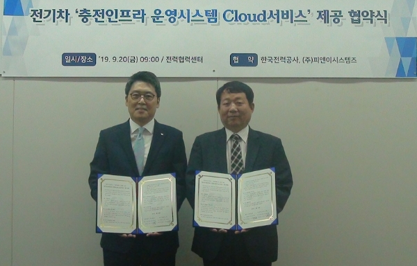△ 이준호 한전 에너지신사업처장(왼쪽)과 정도양 (주)PNE시스템즈 대표(오른쪽). /사진=한전