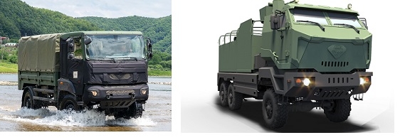 기아차가 개발중인 2½톤 중형표준차량(왼쪽)과 5톤 방탄킷 차량. (사진=기아차)