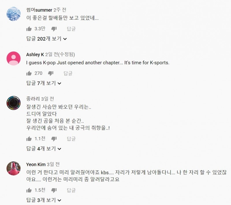 △ 씨름 경기 영상에 최근 달린 댓글 중 일부, 씨름에 대한 새로운 관심 등이 읽힌다/사진=오승혁 기자(자료 편집)