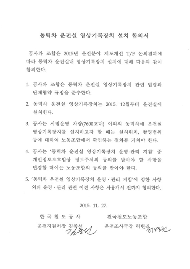 2015년 체결한 코레일 노사간 CCTV 설치 합의서. /자료=황희 의원실.