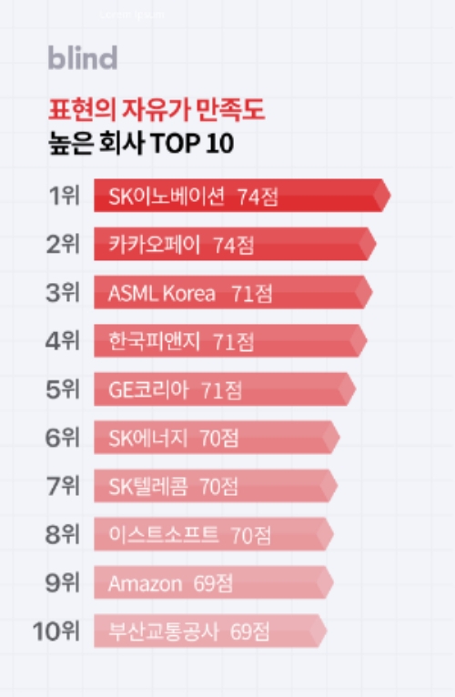 △블라인드의 직장 내 관계 만족도 조사 중 표현의 자유 만족도 높은 직장 탑10의 순위/사진=오승혁 기자(자료 편집)