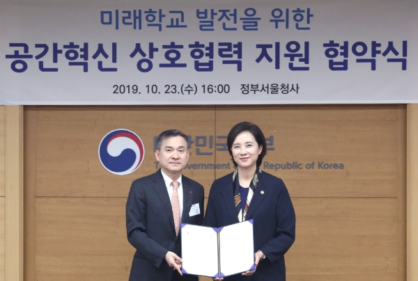△ 업무협약을 맺은 하현회 LG유플러스 부회장(왼쪽)과 유은혜 교육부 장관(오른쪽). /사진=LG유플러스