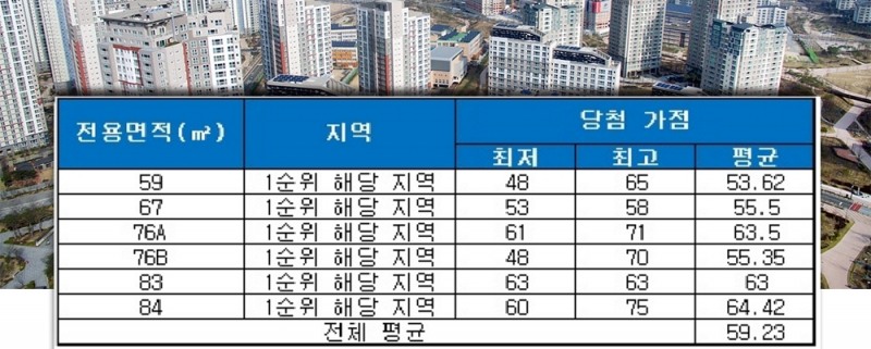 대신 해모로 센트럴(부산) 중소형 평형 청약 당첨 가점 현황. /자료=금융결제원 아파트투유.