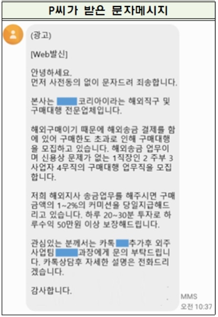 해외송금 알바를 가장한 보이스피싱 유인 문자메시지./사진=금융감독원