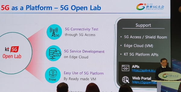 △ 이선우 KT 인프라연구소 소장이 ‘Global 5G Operator Forum’에서 한국과 KT의 5G 현황에 대해 발표하고 있는 모습. /사진=KT
