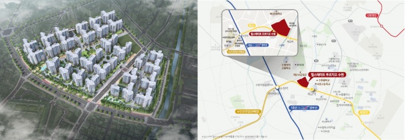 힐스테이트 푸르지오 수원 조감도와 위치도. 제공=현대건설