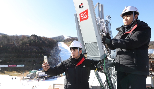 △ KT 네트워크부문 직원들이 강원도 평창 휘닉스파크 내 5G 네트워크 품질을 점검하고 있다. /사진=KT
