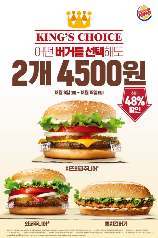 버거킹은 연말을 맞아 인기 메뉴 3종을 대상으로 2개 구매 시 4500원에 판매하는 프로모션을 진행한다. /사진=버거킹.