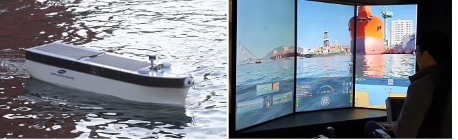 거제 조선조 주변 바다를 운행중인 자율운항 모형선박 이지고(왼쪽)에 장착된 카메라를 통해 보이는 주변 영상을 삼성중공업 대전 선박해양연구센터 내 원격관제센터에서 확인하고 있다. (사진=삼성중공업)