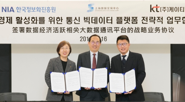 △ 윤혜정 KT 빅데이터 사업지원단 전무와 오성탁 한국정보화진흥원(NIA) 지능데이터본부본부장, Lu Yong 상해데이터거래소 부사장(왼쪽부터). /사진=KT