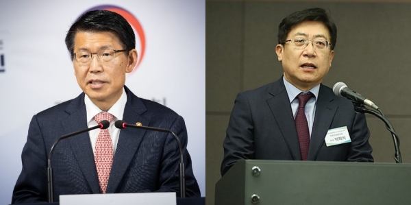 은성수 금융위원장(왼쪽)이 박재식 저축은행중앙회 회장(오른쪽)과 저축은행업계 최고경영자(CEO)들을 16일 만나 업계 현안을 논의한다.