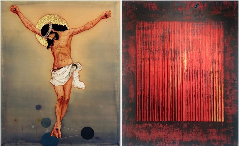 ▲박초현, 다 이루었도다, 227.3×181.8cm, 비단위에 채색. 금박. 석채, 2019, 2,500만원(좌)▲박초현, Pneuma_Shining ones, 91×116.5㎝, 캔버스에 알루미늄. 커팅. 유화. 분채, 2019, 600만원 (우)