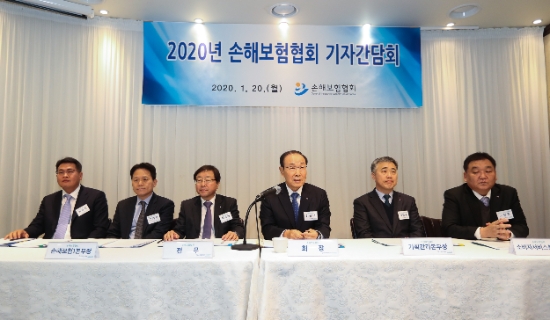 김용덕 손해보험협회장은 20일 서울 종로 모처에서 진행된 신년기자간담회에서 "손해율과 보험사기, 사업비를 낮추고 신시장 개척과 신기술 활용, 소비자 신뢰는 늘려야 한다"고 밝혔다. 왼쪽부터 최윤석 손해보험협회 손해보험2본부장, 이재구 손해보험1본부장, 서경환 전무, 김 회장, 서영종 기획관리본부장, 고봉중 소비자서비스본부장. / 사진 = 손보협회