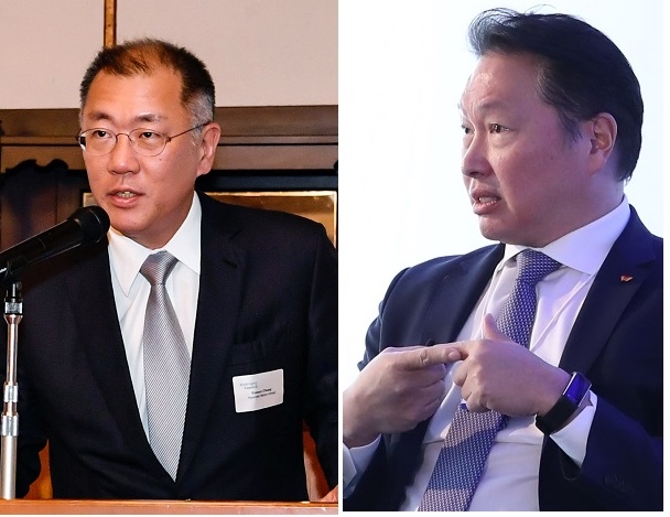 정의선 현대차그룹 수석부회장(왼쪽)과 최태원 SK 회장.