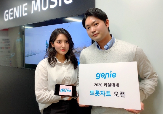△ 지니뮤직 직원들이 트로트 전문 차트 오픈을 홍보하고 있다. /사진=지니뮤직